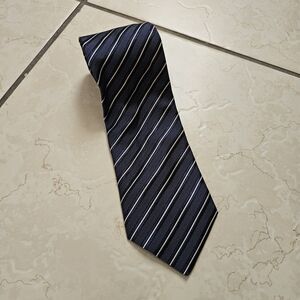 Richel 100% Silk Tie Hand Made in Spain Navy Blue stripped with white accents